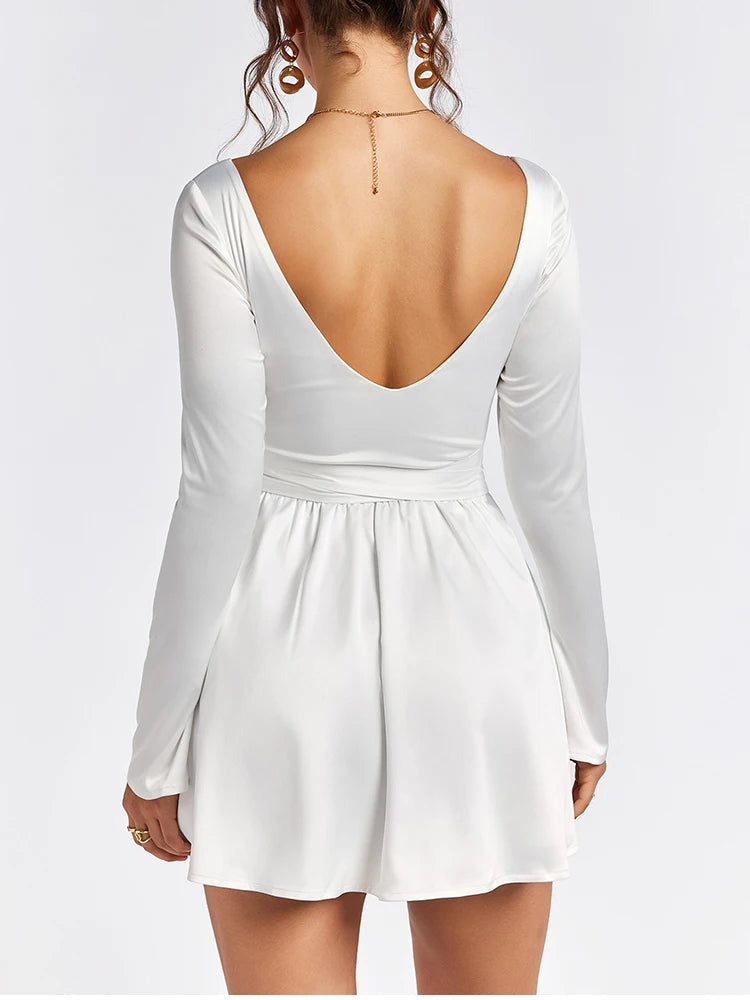 Satin V-Neck Long Sleeve Bodycon Mini Dress