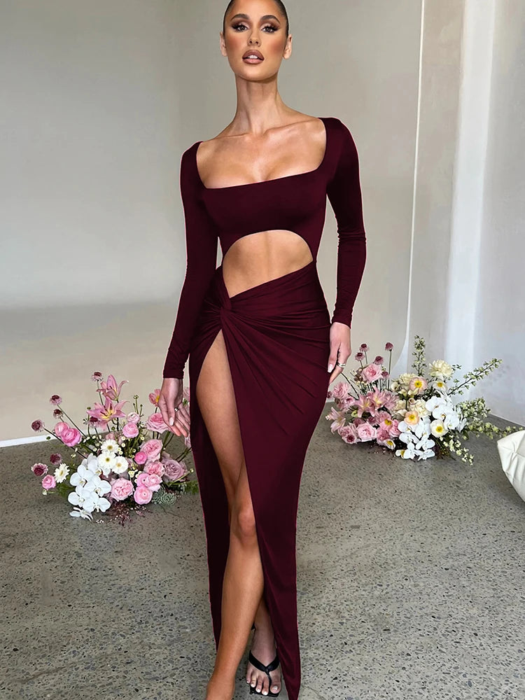 Red Hollow Out Ruched Maxi Dress for Elegant Party Clubwear.