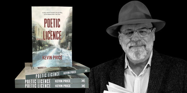 Kevin Price with stack of political thriller Poetic Licence