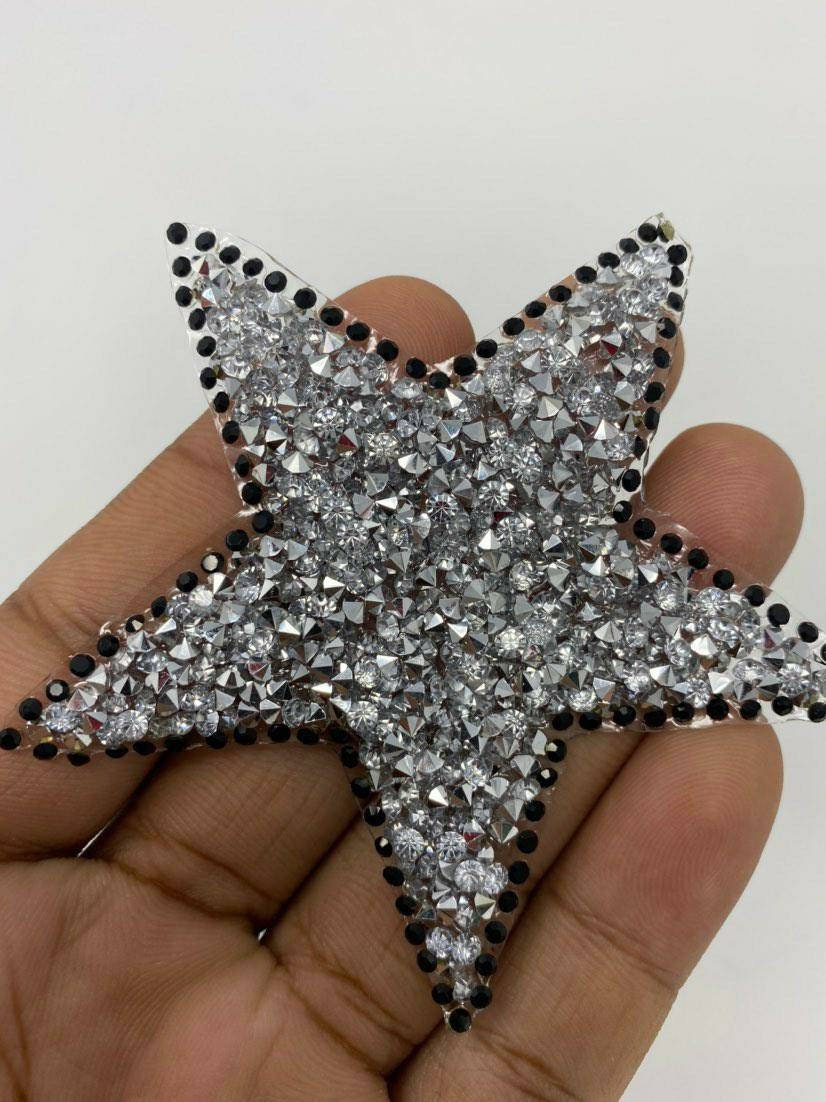 Italian Gold Star Patch with Black and Silver Rhinestones - 2.25 -  Rhinestone - Appliques - Trims