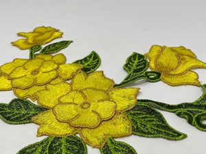 NEW, 2 Pc. 3D Yellow Lace Flowers with Leaves and Stems, Sew-on Lace Flower Set, Great for Shoes, Denim,Jackets, Etc. Size 10.5 inches