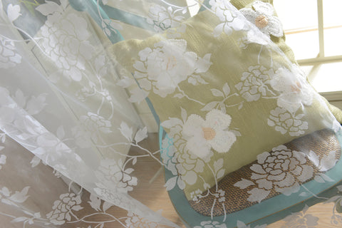 Image of Flocking Peony Sheer Curtain Panel Window Tulle Divider White 100*200cm