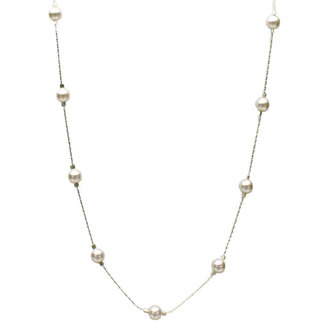 Sterling Silver Chain Station Scatter Illusion Necklace Crystal Simulated Pearls