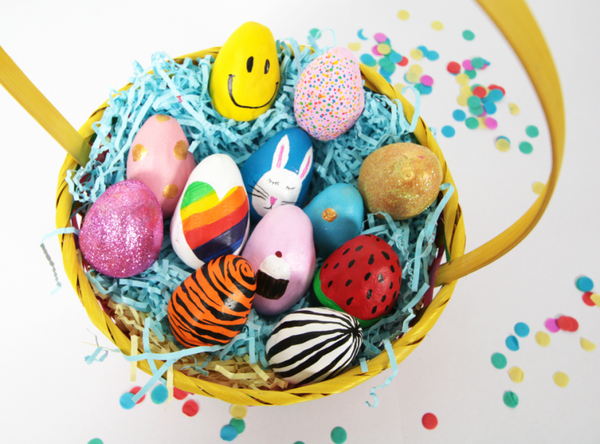 Yellow Easter basket with air dry clay made Easter eggs.