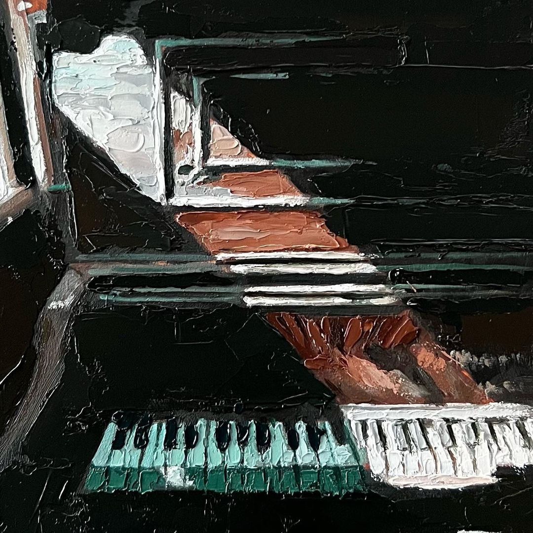 1. An oil painting of a grandmaster piano with a light reflection on the side painted with a palette knife.