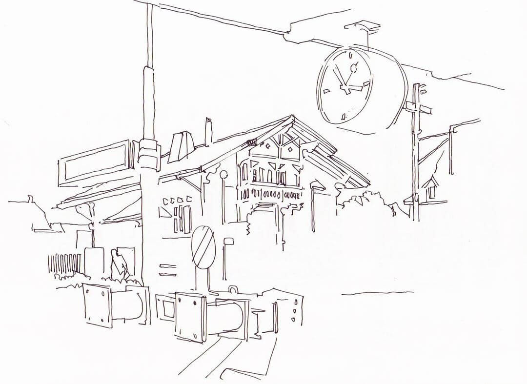 1. An outline drawing of a train station drawn in black pen on white paper.