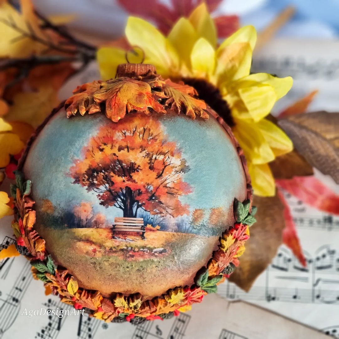 Autumnal decoupage brooch with bench painted under fall tree