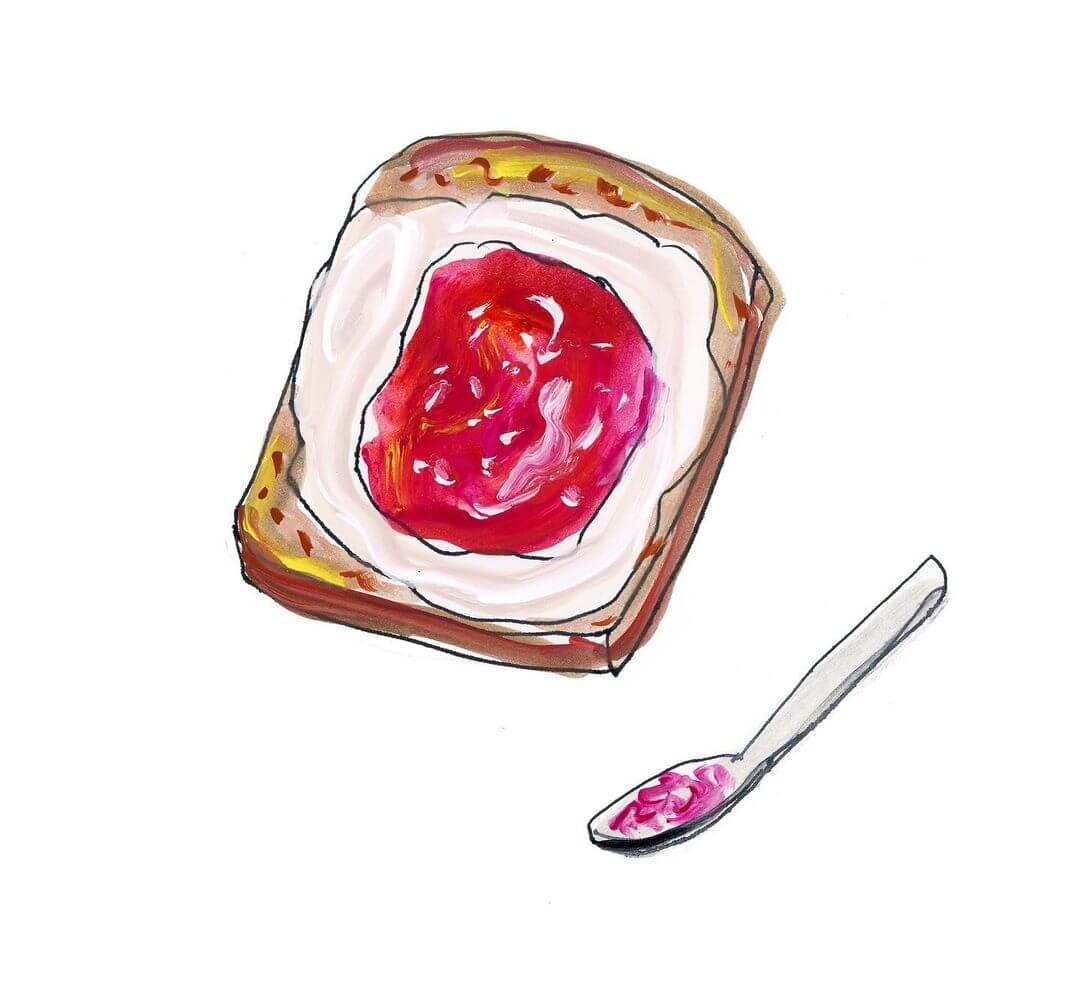 Breakfast drawing of jam on toast with a butter knife next to it.