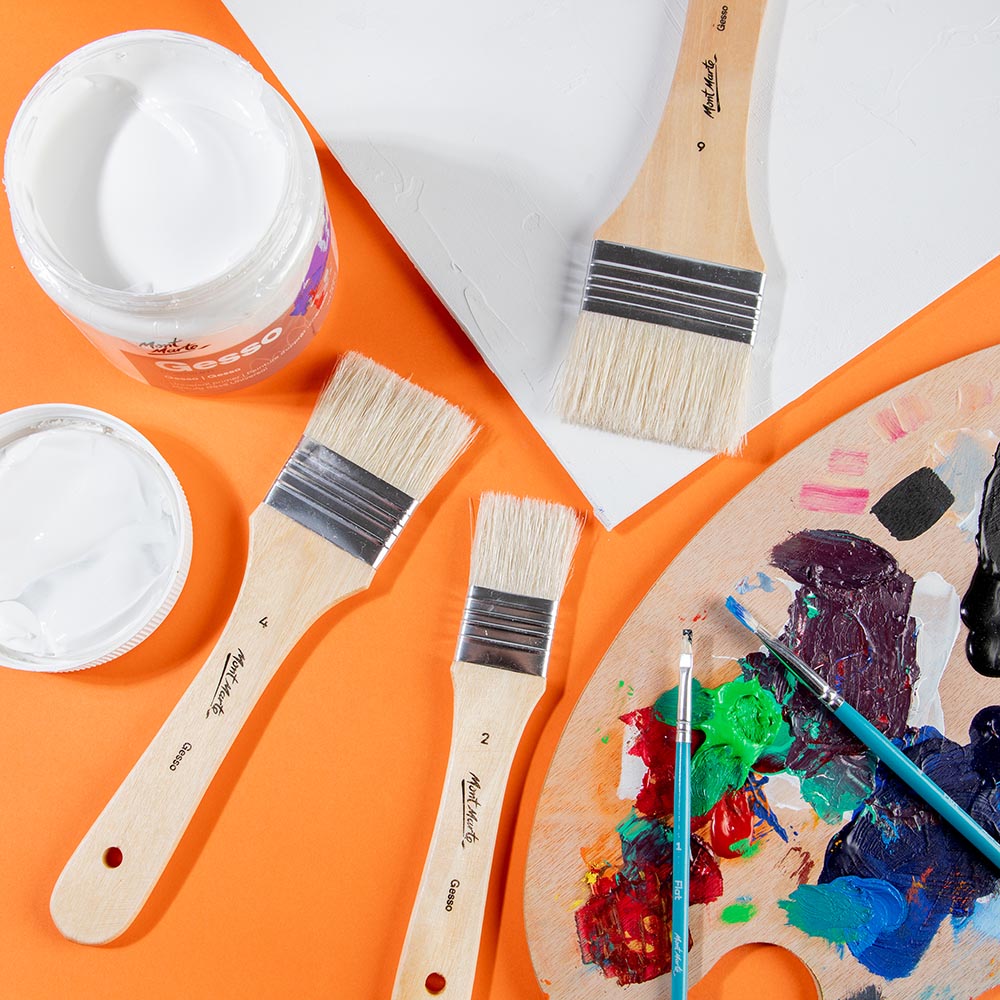 1. Gesso brushes next to a tub of Gesso Premium, a canvas, and a paint palette