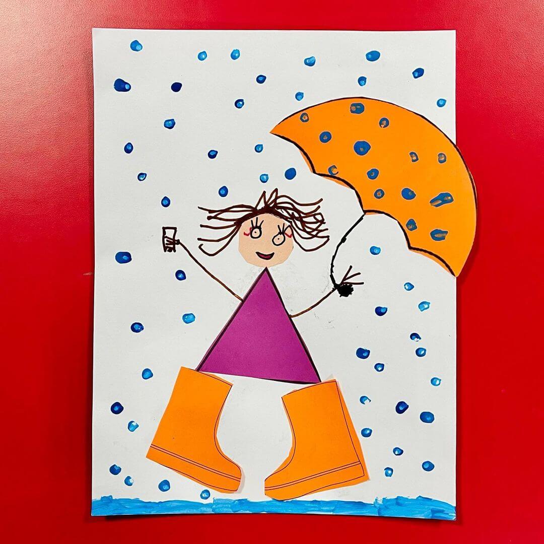 Rainy day collage of a cartoon girl with boots and an umbrella with blue painted dots for rain.