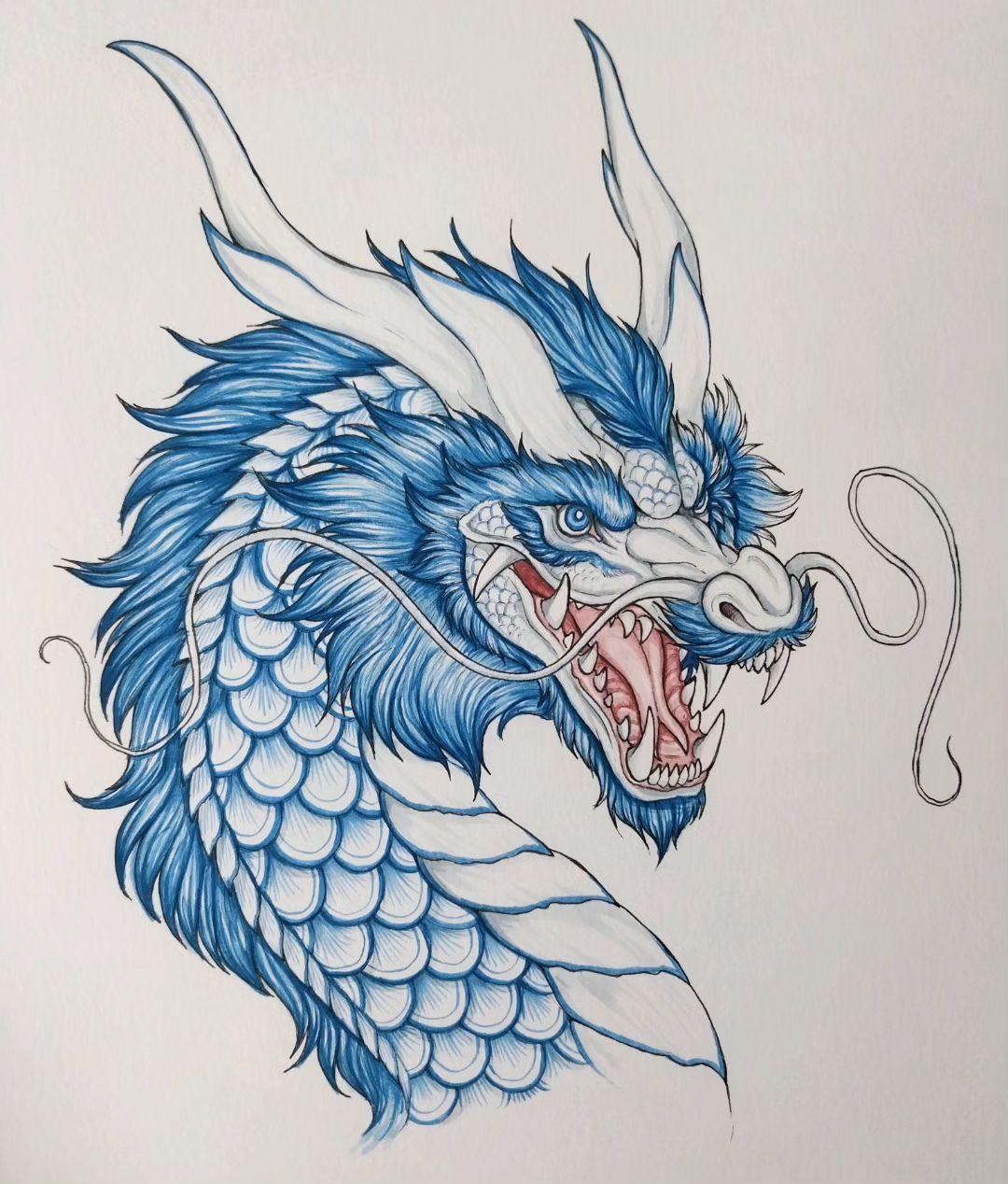 1. @maahismaaria artwork of a blue and white dragon bearing its fangs using Mont Marte fineliner brushes