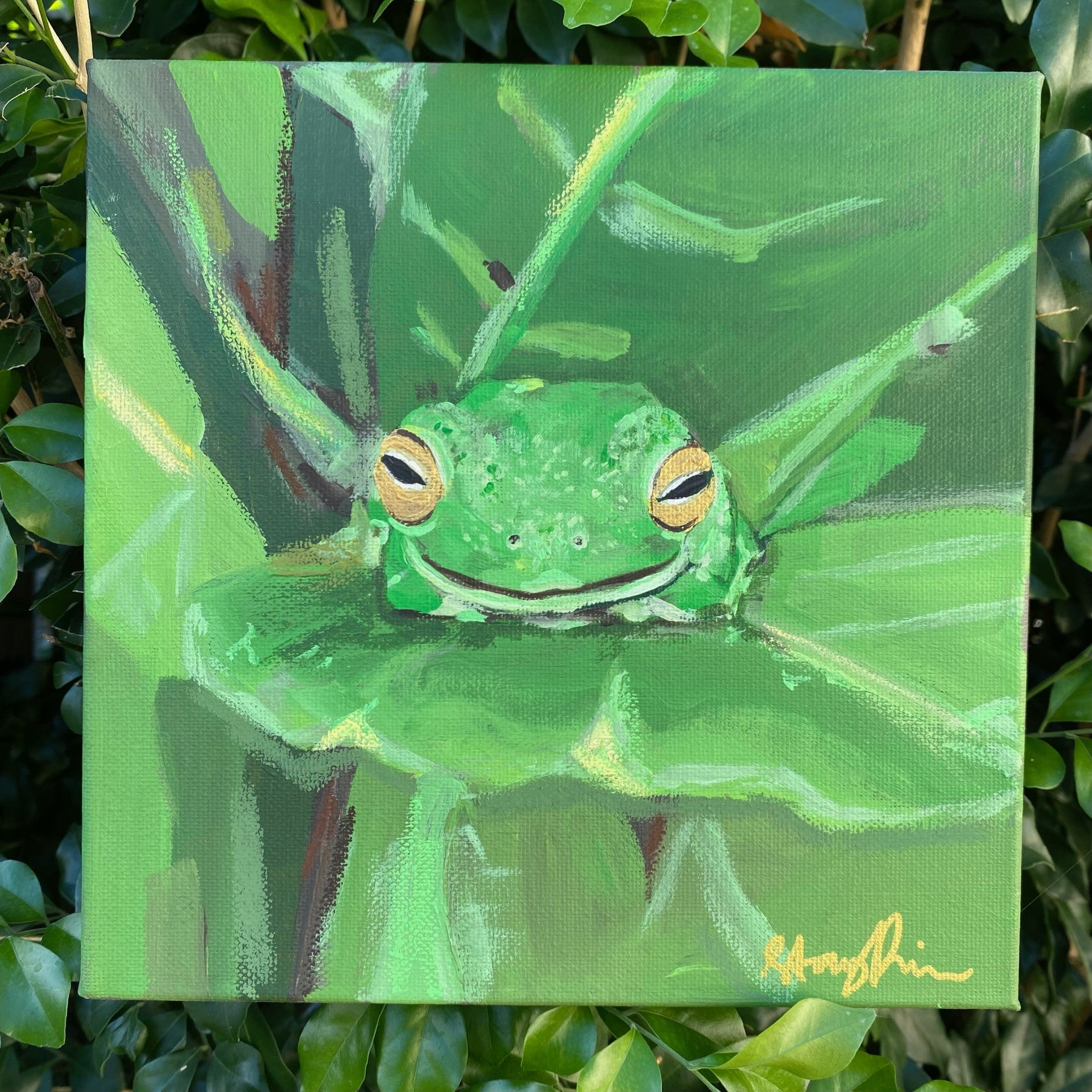 1. @staceyprince_art painting of a green frog sitting on a leaf, with a green, lucious background