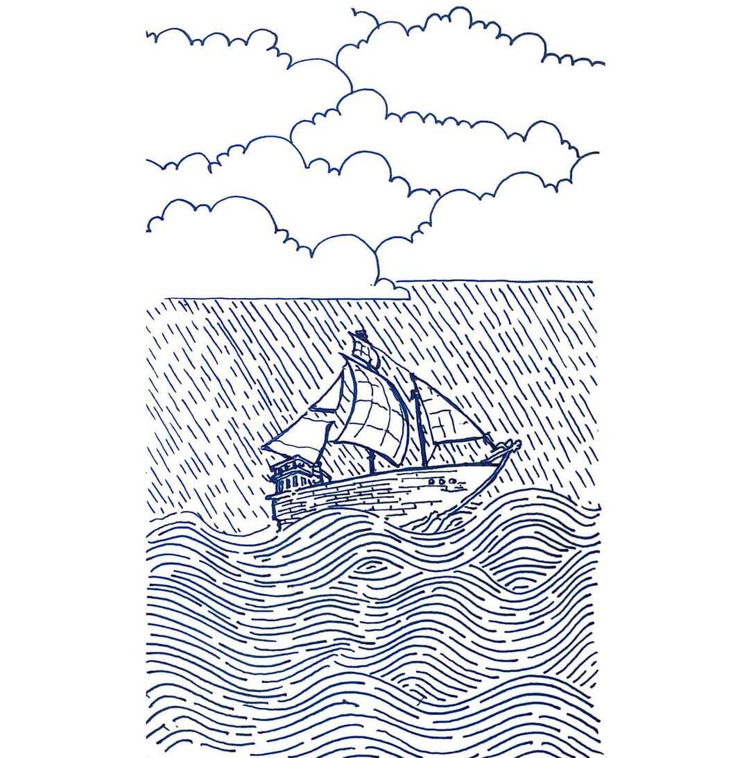 A sea ship on the water with clouds above it drawn with lots of blue lines.