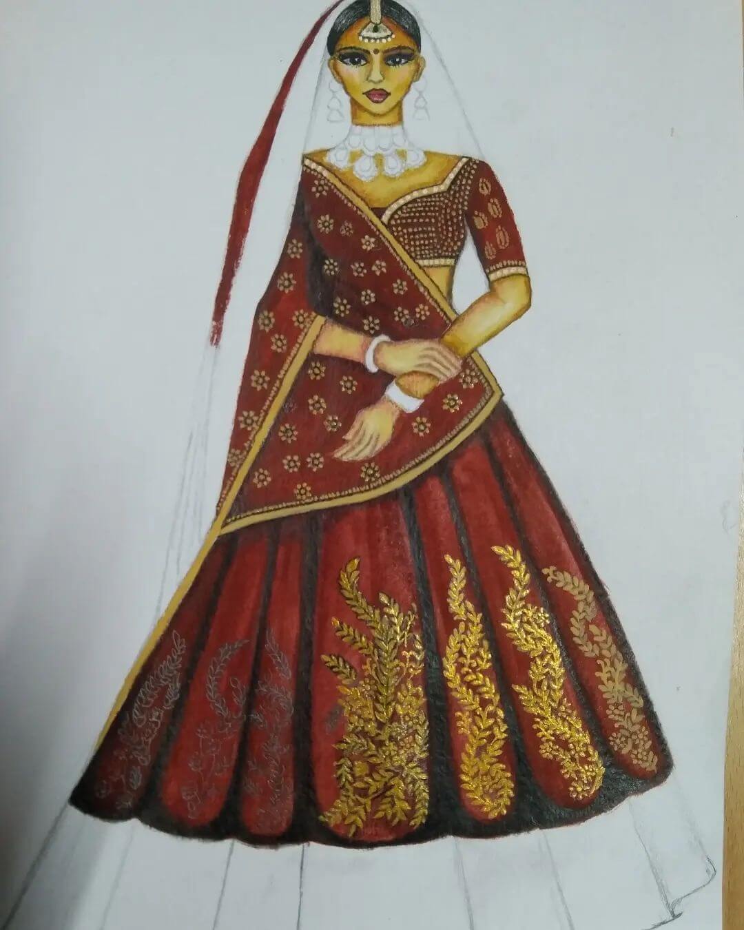 10. Fashion drawing of a woman wearing a red detailed sari drawn in coloured pencils.