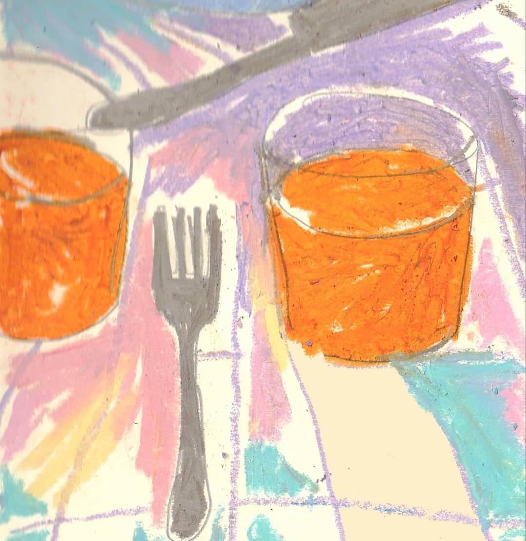 Oil pastel drawing of a fork on a table with two glasses of orange juice on the table.