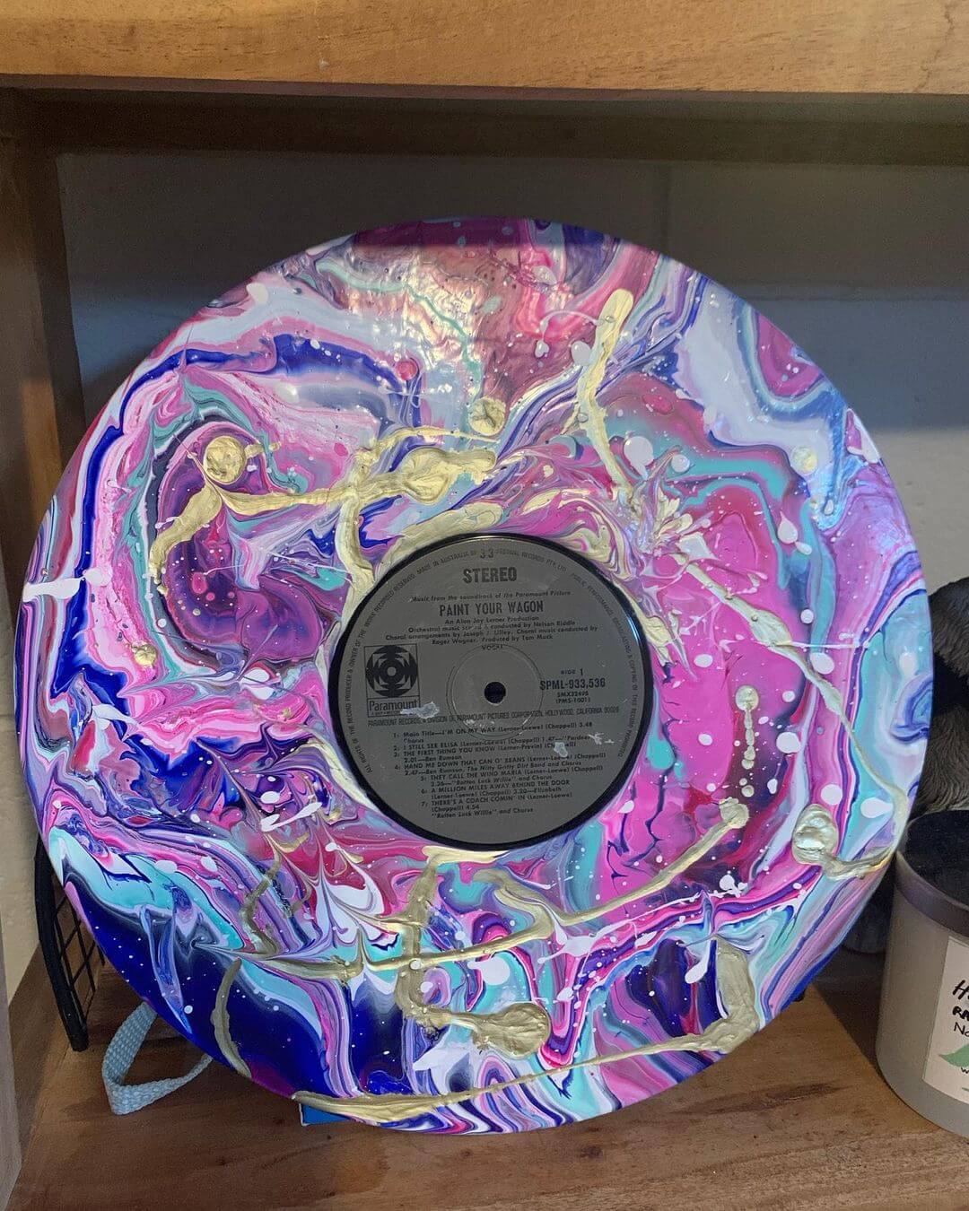 Purple, blue and white pour painted vinyl record.