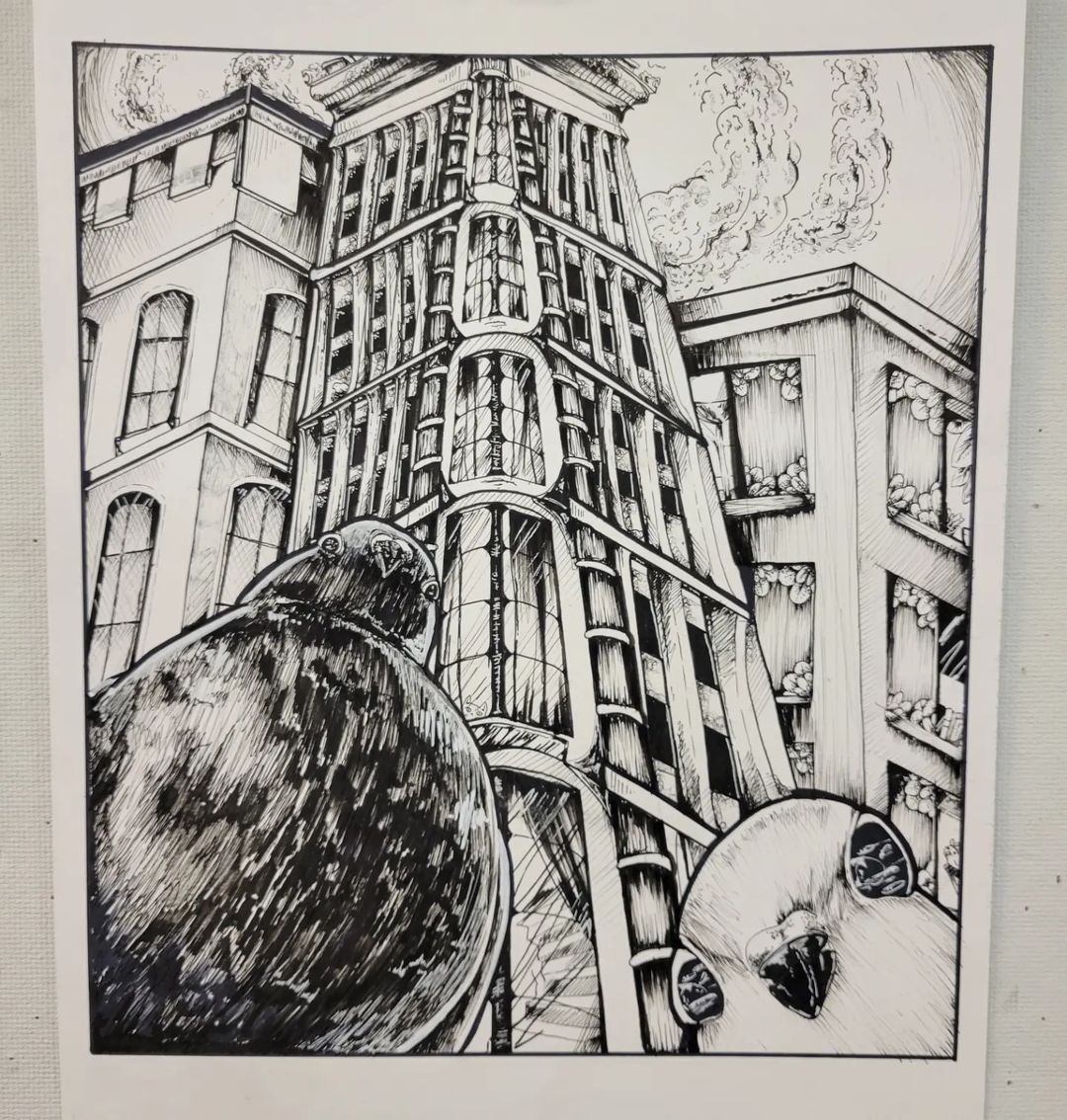 10. @drychau drawing of a building corner with two pigeons in the foreground