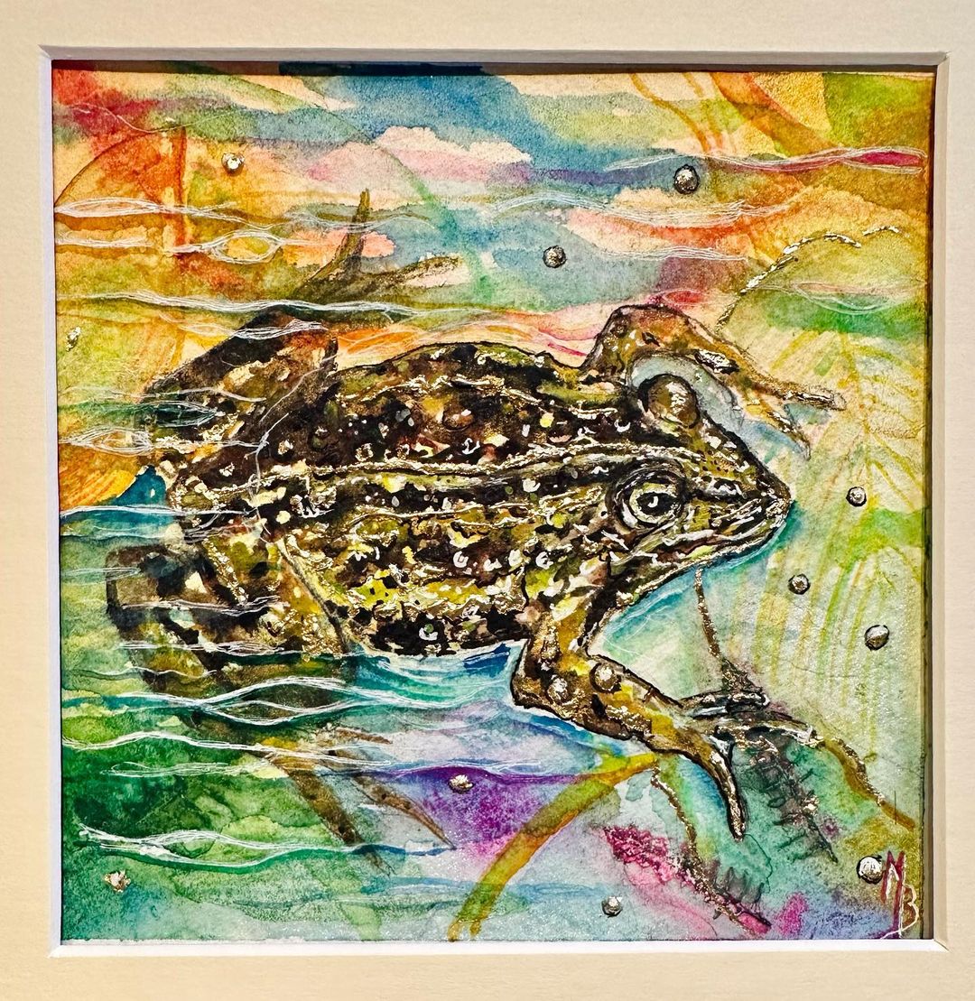 10. @pellycreatives mixed media artwork of a frog on a rainbow watercolour background