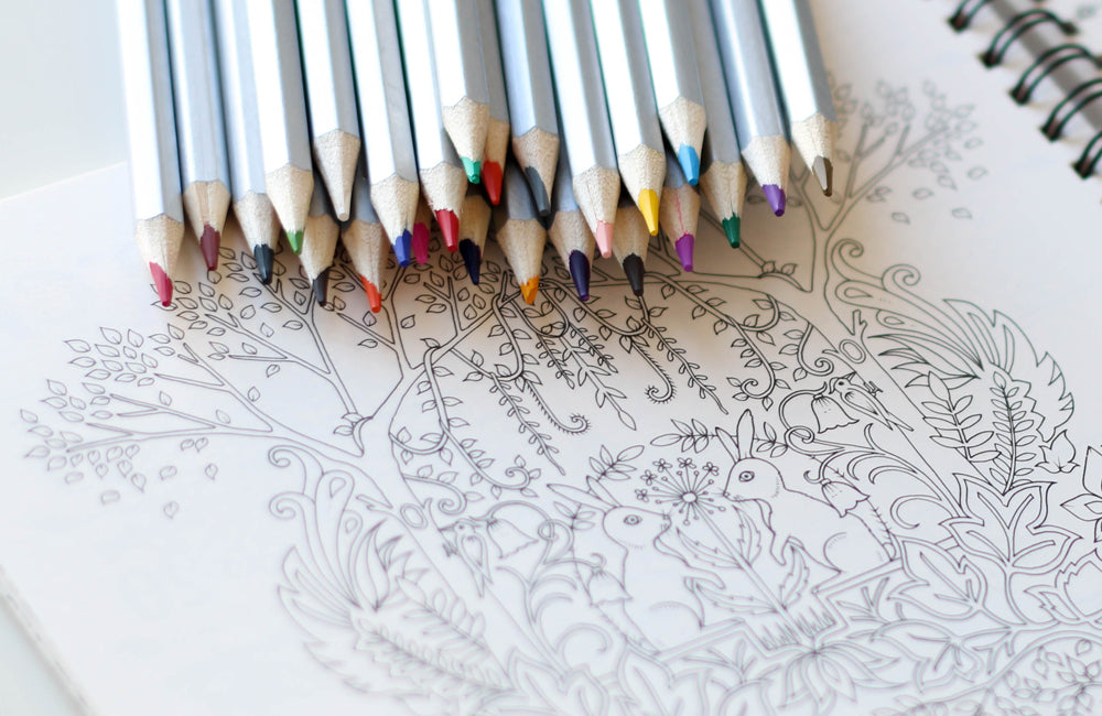 A whimsical colouring in page with various colouring pencils laying over the top.