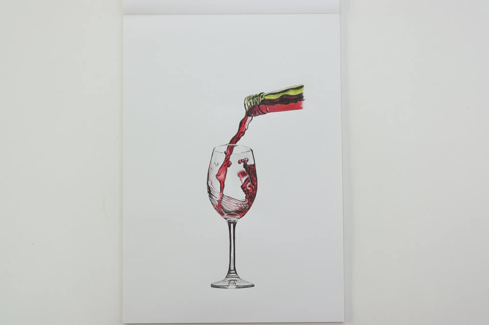 Realistic drawing of a wine bottle pouring red wine into a wine glass.