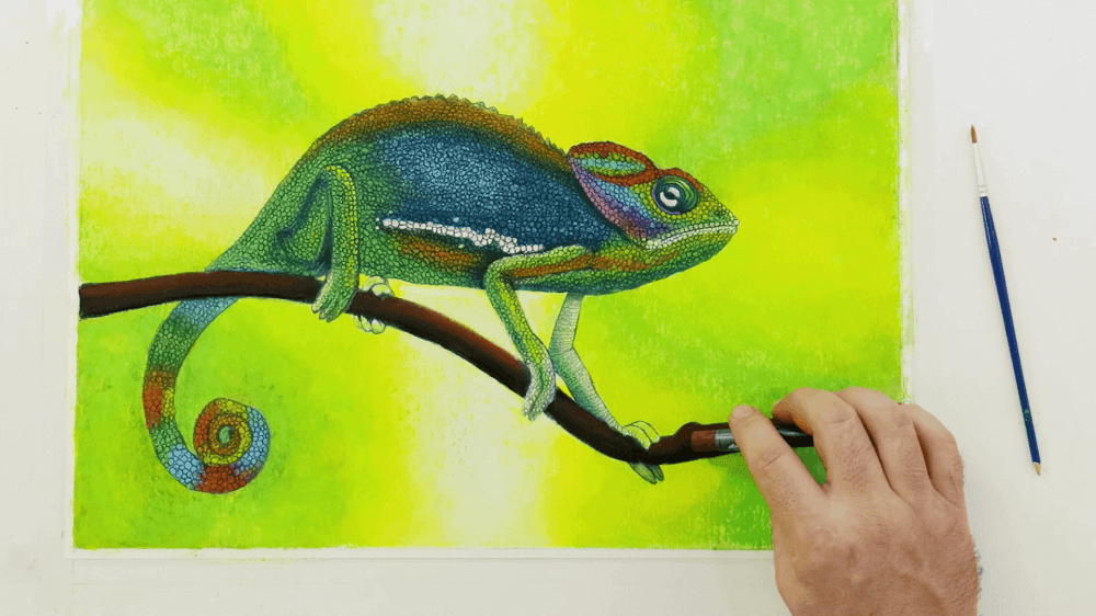 Chameleon artwork in watersoluble oil pastels with a bright green background.