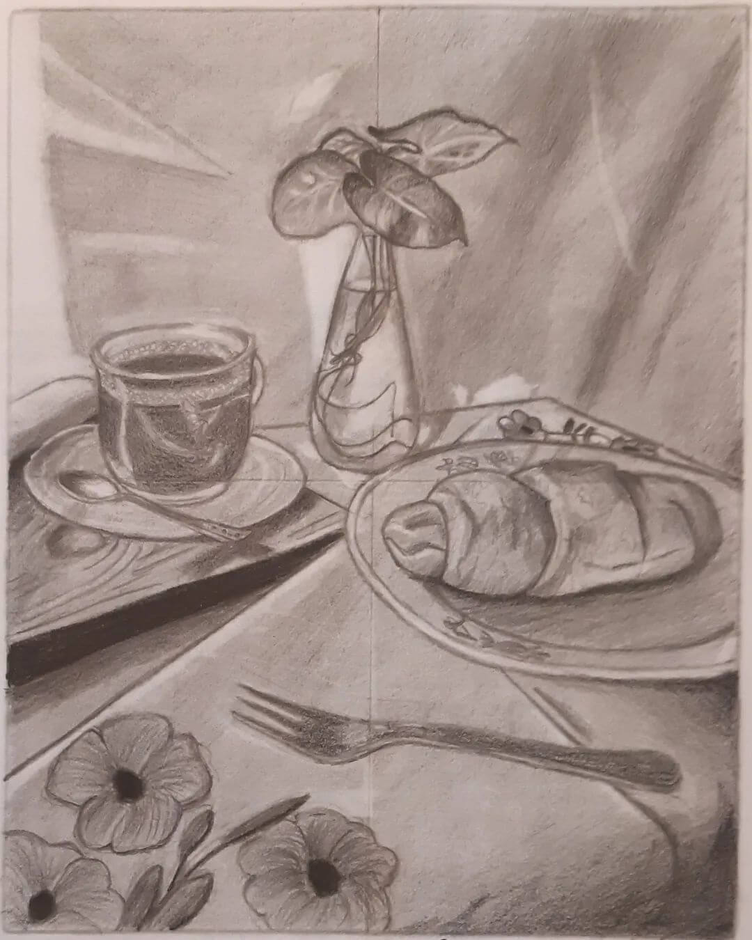 Graphite drawing of breakfast food on a table.