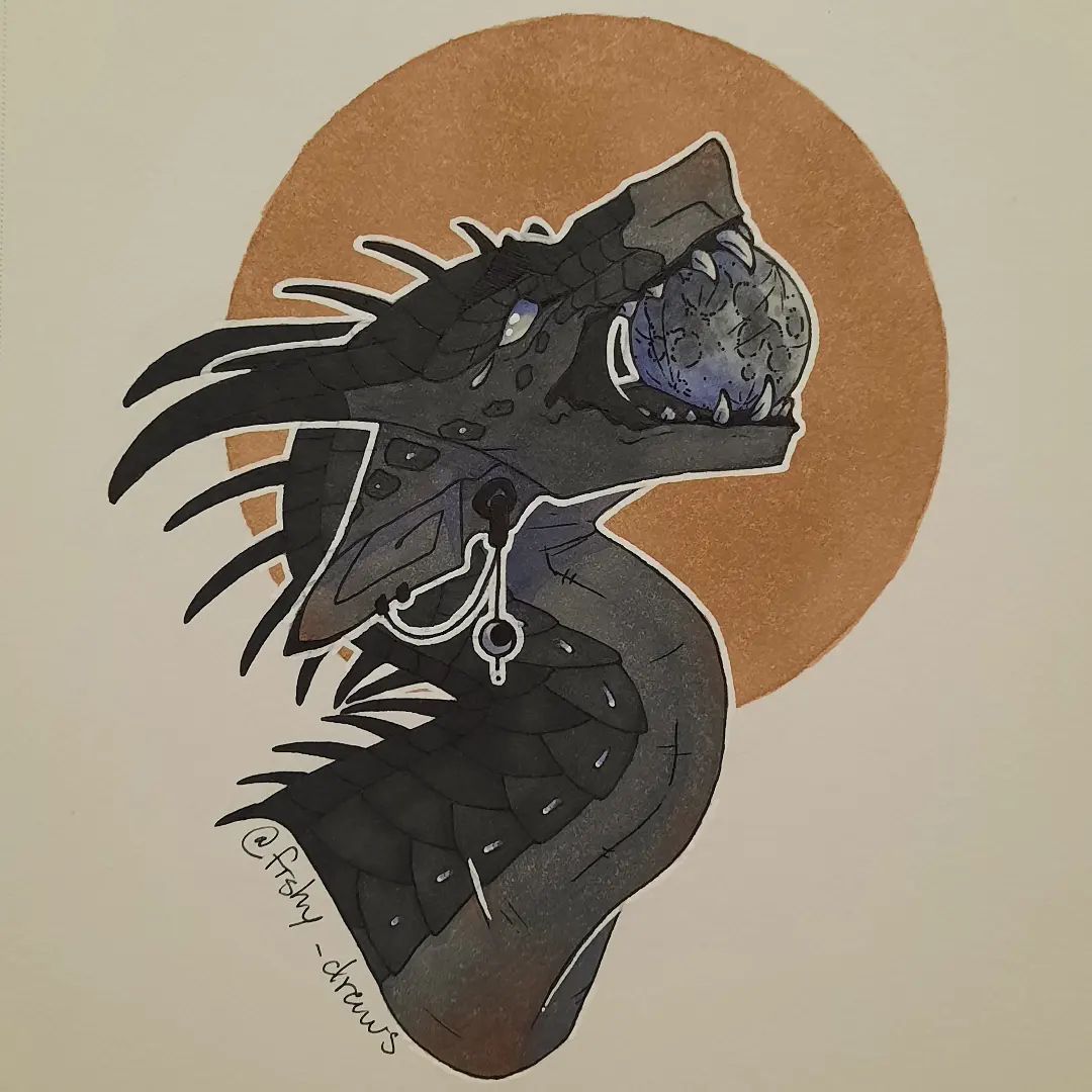 11. @fishy_draws painting of a black and grey dragon with a moon in its mouth against a gold circle background