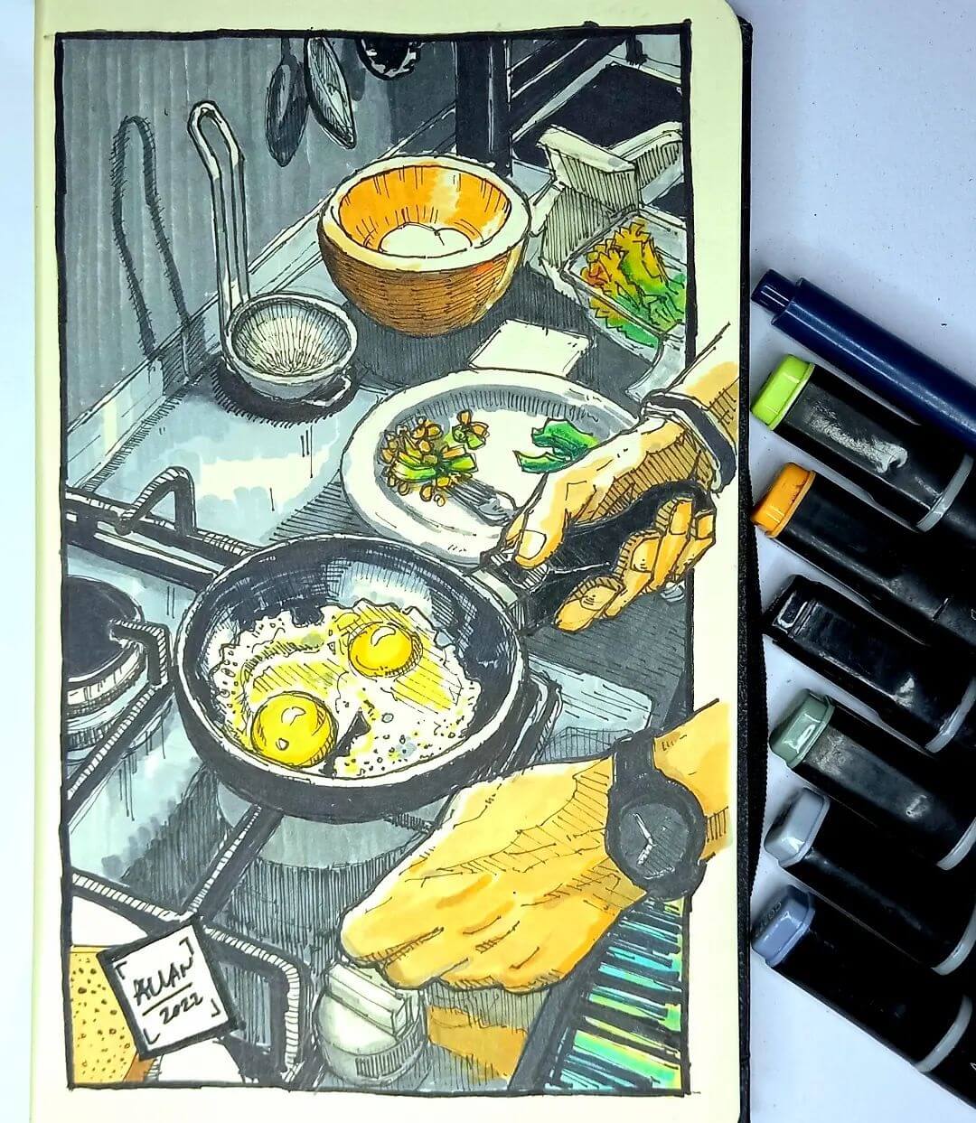 Cartoon drawing of a men's hand frying eggs over a stove for breakfast.