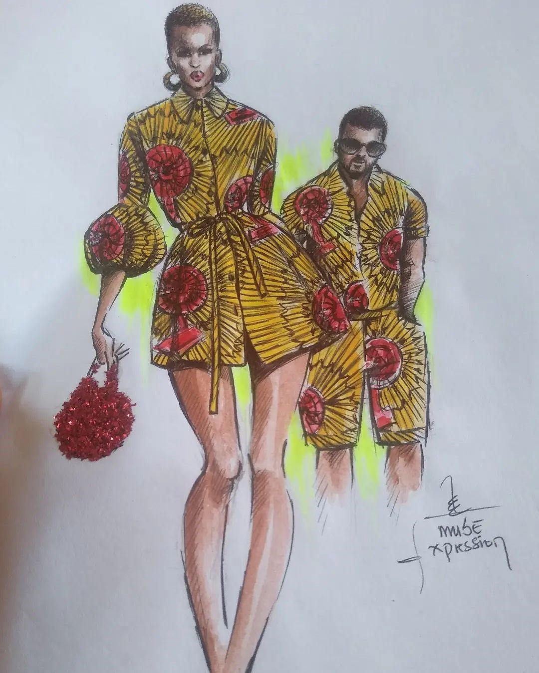 12. Outfit drawing of two people wearing yellow, floral printed outfits.