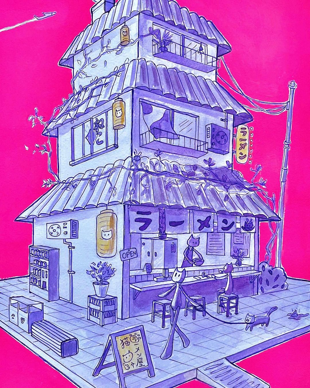 12. @artenshi_ artwork of a temple style building with a restaurant inside and catlike people around