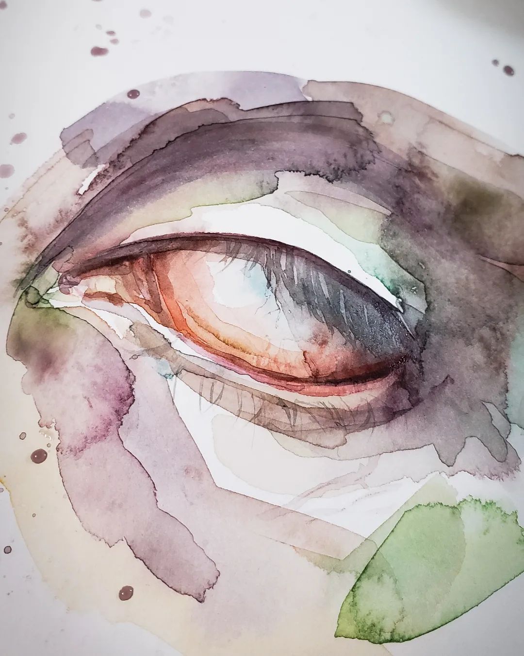 12. @ginkgojulep watercolour painting of an eye rolling back with no pupil, painted in hues of purple, red, brown, and green