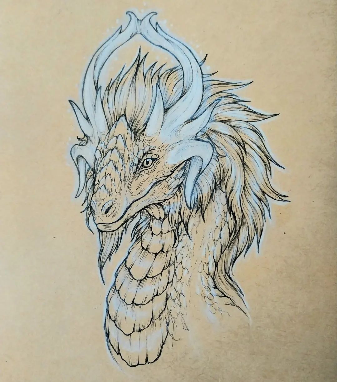 12. @maahismaaria drawing of a dragon with a fur mane on toned paper