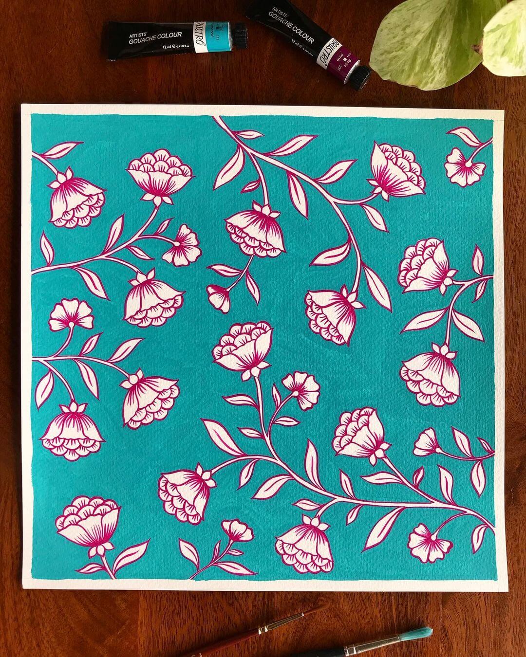 A gouache artwork of red flowers painted against a turquoise background.