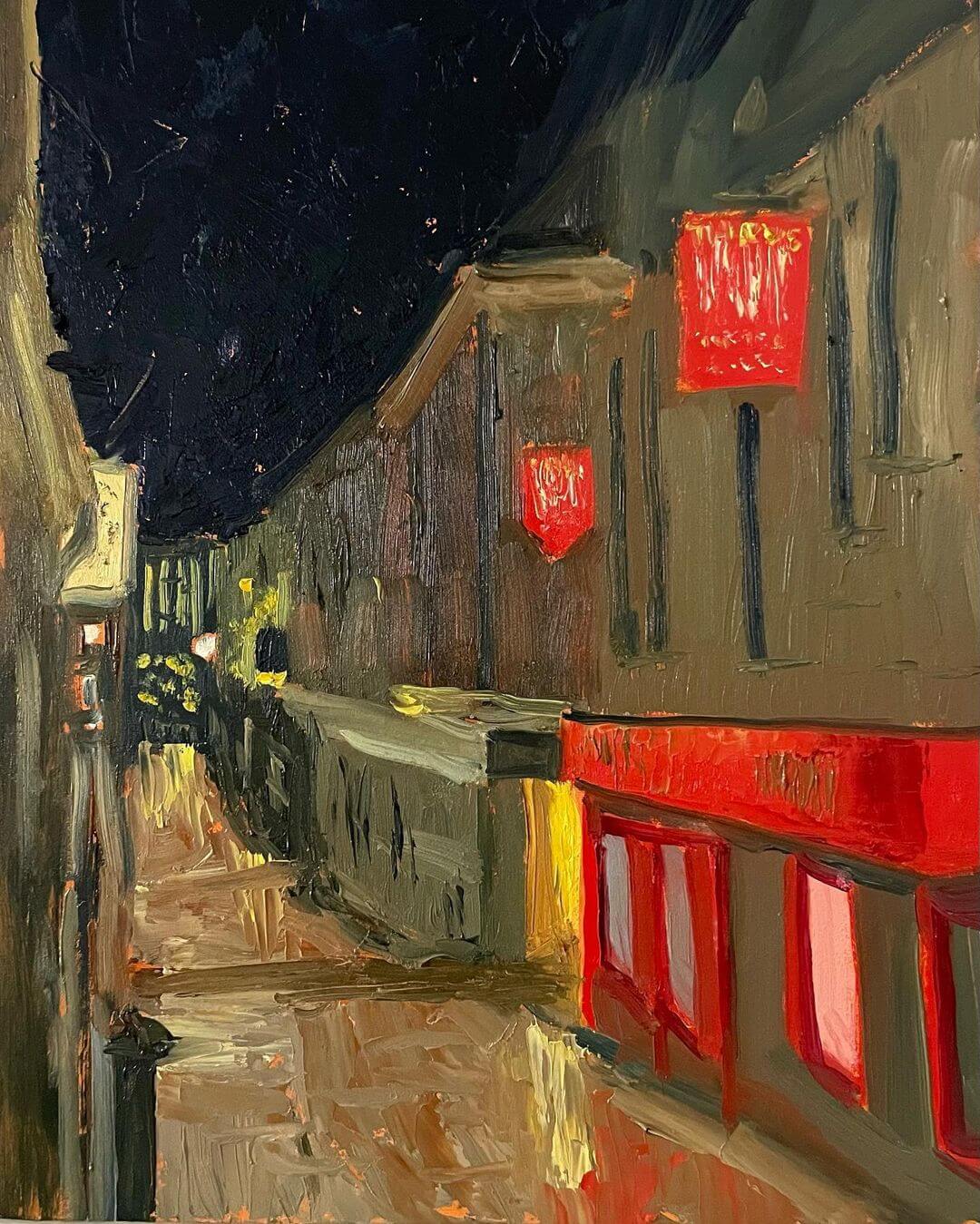 13. A nightscape of a city building painted plein air style.