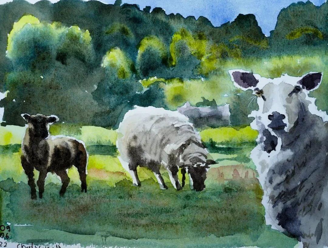 A watercolour painting of three sheep in a green field.