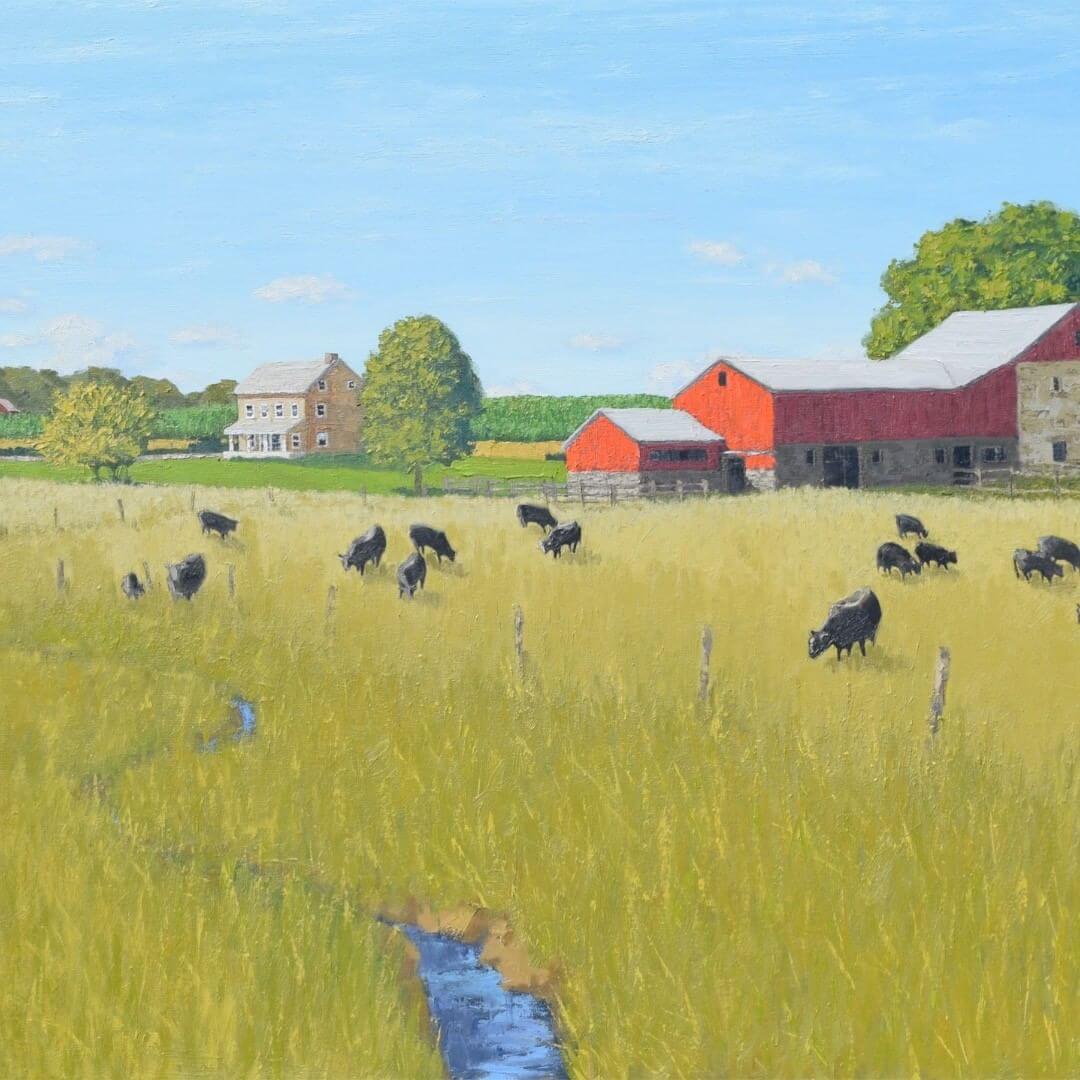 An oil painting of cows grazing in a field with a red farm shed and brick house in the background.