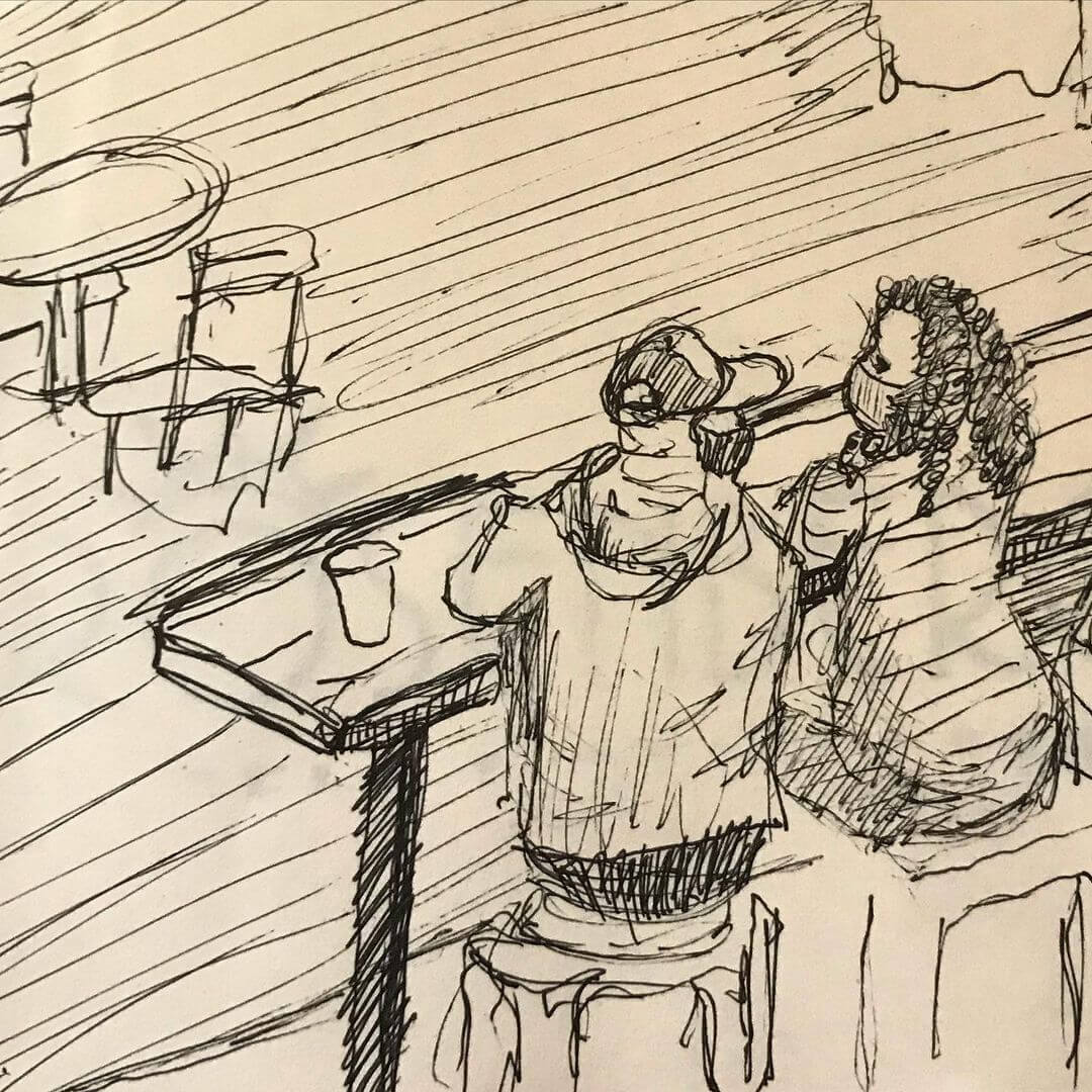 Two people eating in a café drawn with pen and ink.