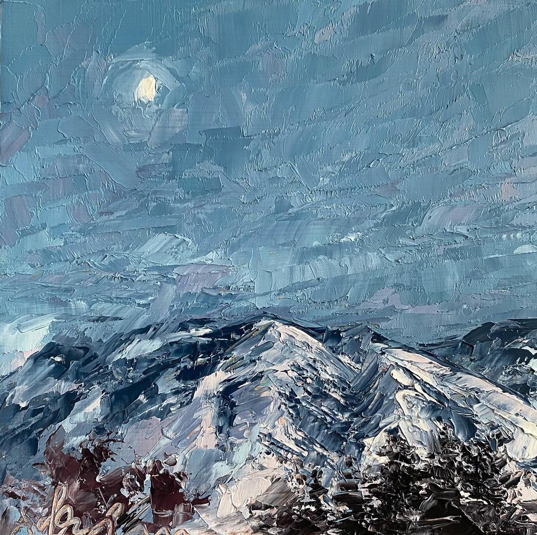 14. An oil painting of the mountains with a blue sky and snow on the alps.