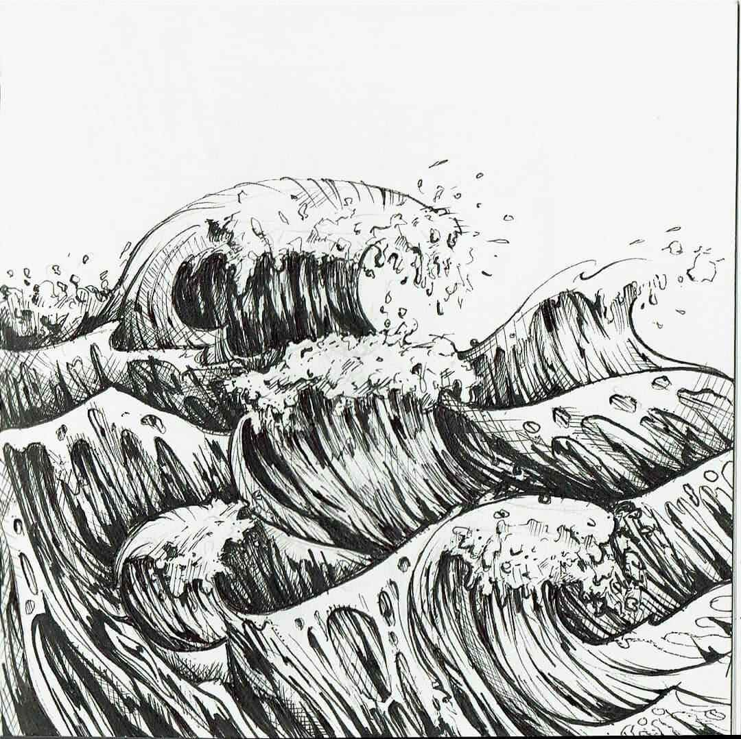 Black and white drawing of crashing waves drawn in marker.