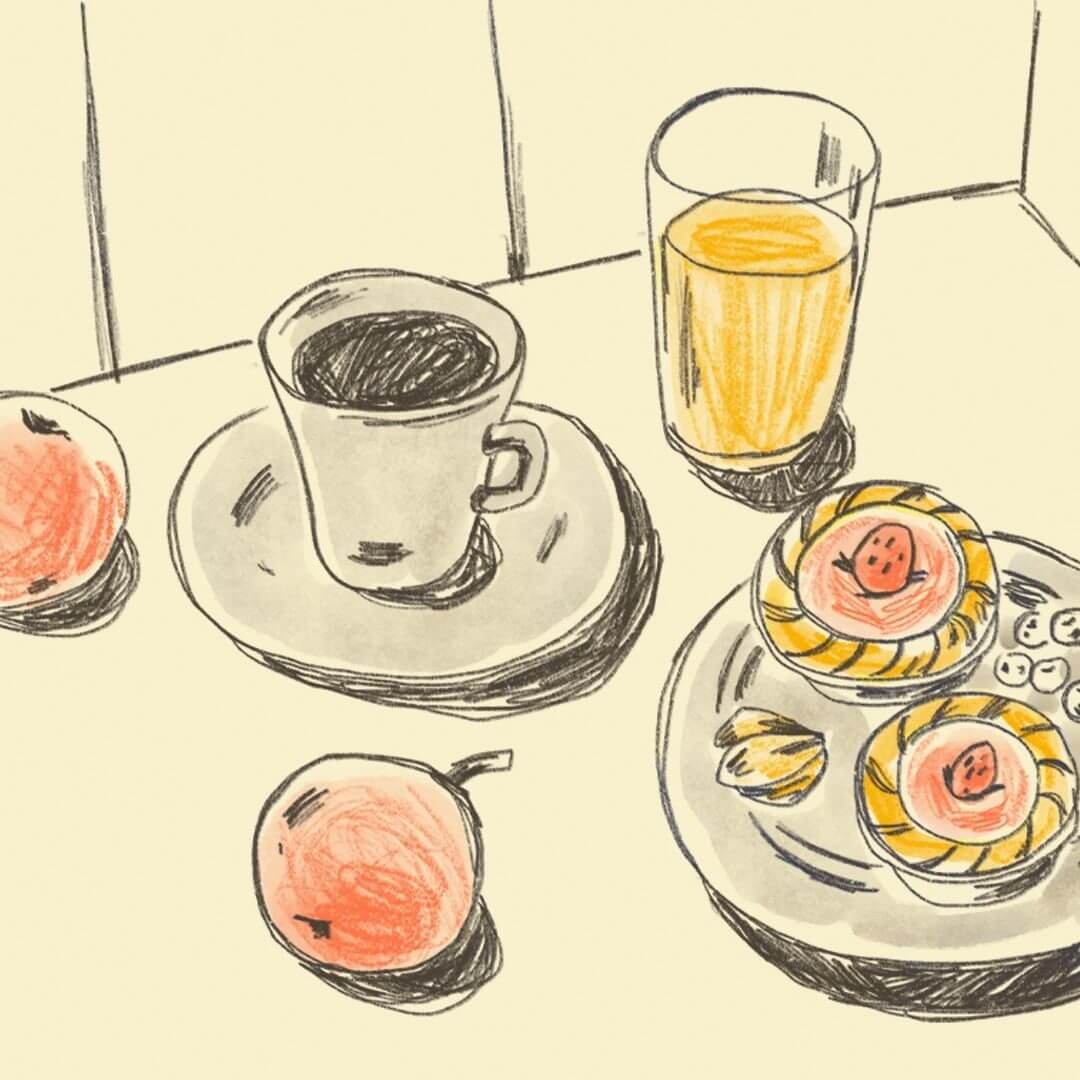 Breakfast still life drawing of apples, juice, coffee and pastries drawn in pencils.