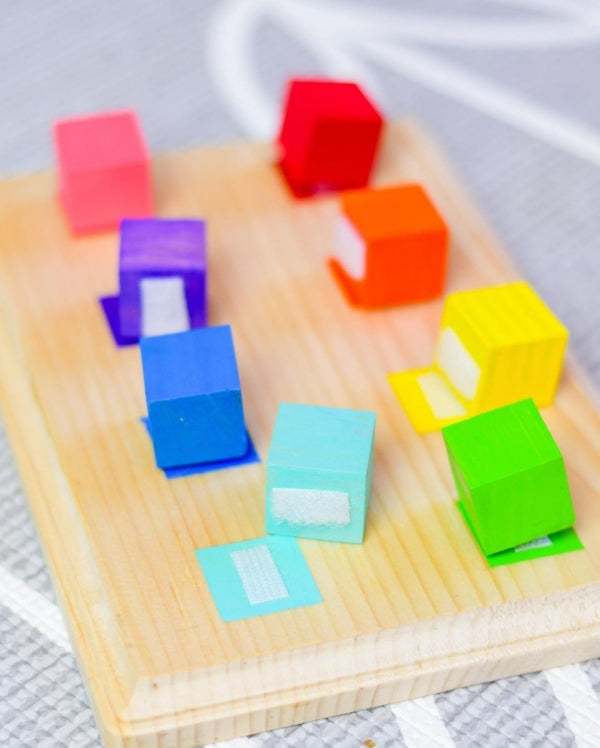 Various coloured blocks made from wood.