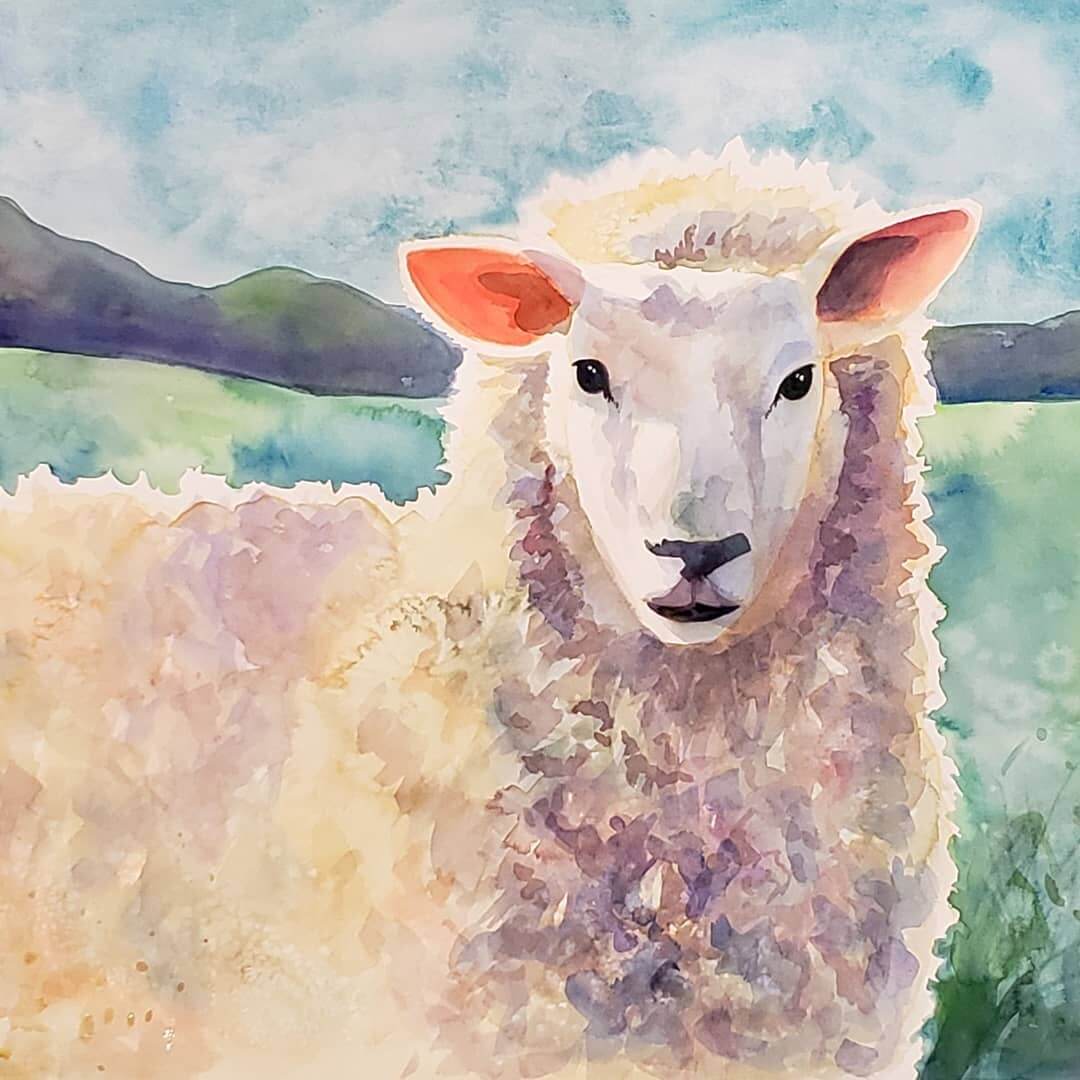 A large scale watercolour artwork of a realistic sheep with hills in the background.