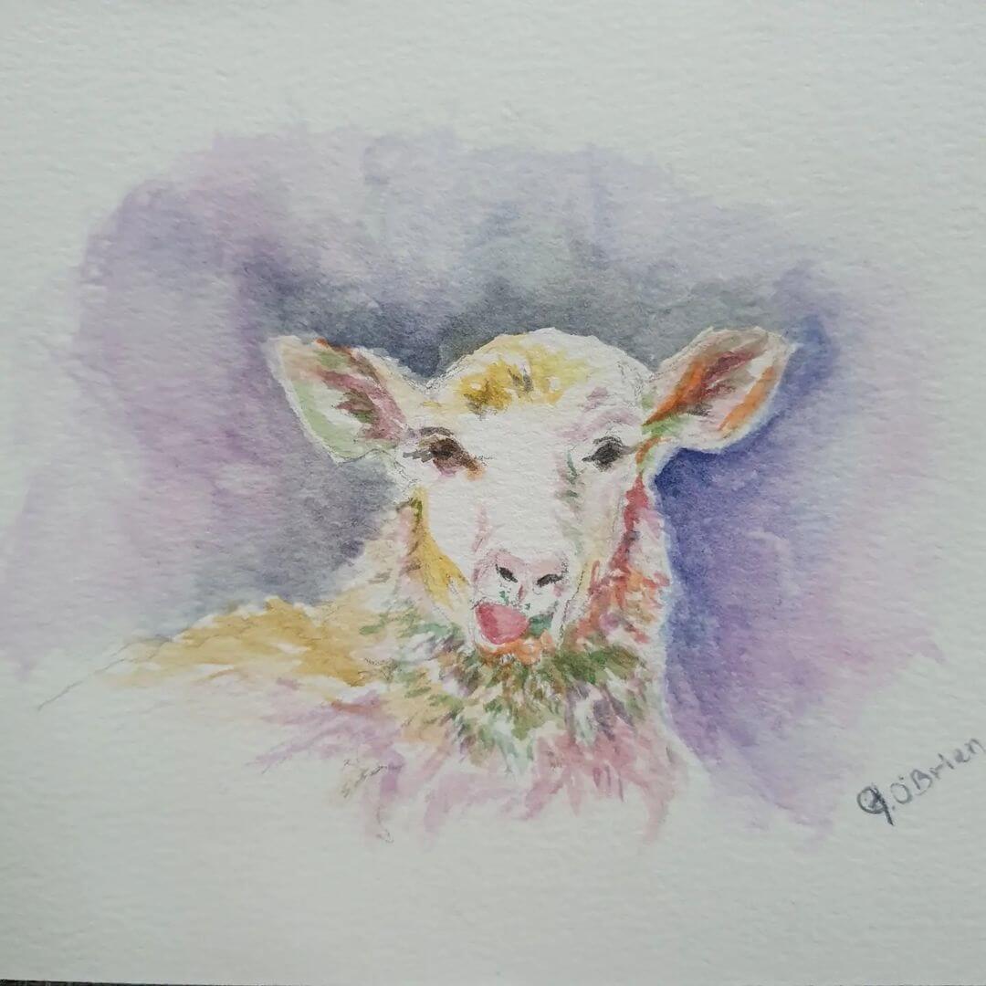 16. A watercolour artwork of a sheep looking surprised with it's tongue poking out.