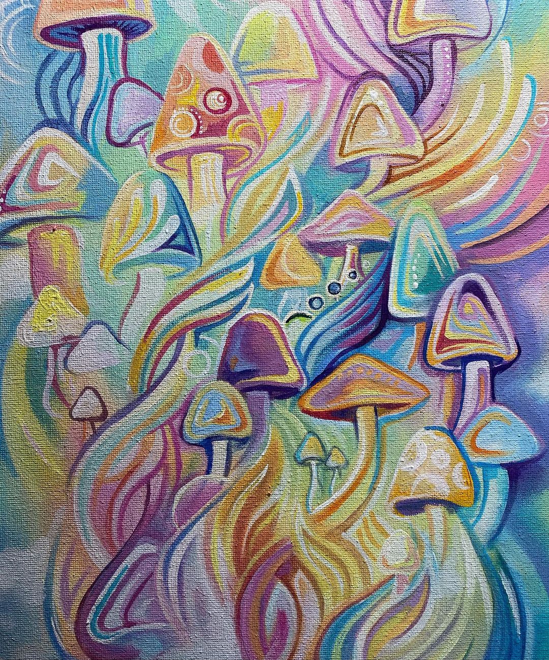 Colourful mushroom design painted in acrylic on canvas.