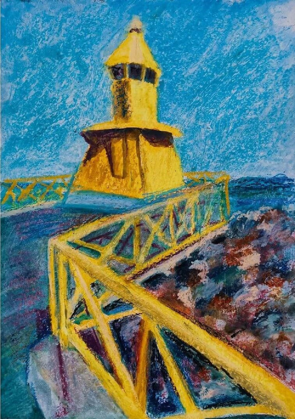 Oil pastel artwork of a lighthouse with glaze.