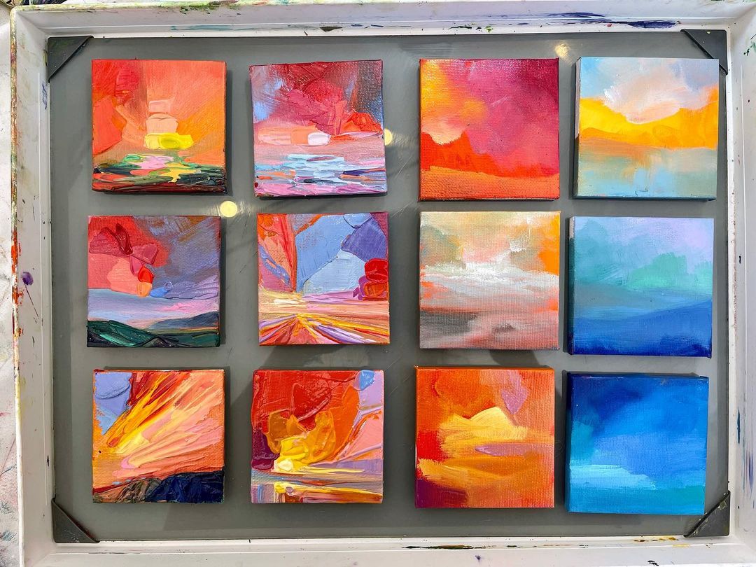 18. Twelve mini canvases with various colour studies painted with a palette knife and joined together.