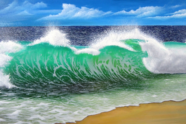 Realistic breaking beach wave acrylic painting on canvas. 