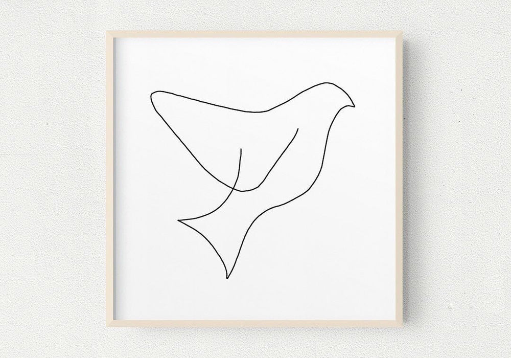 A dove bird line drawing in a frame on a wall.