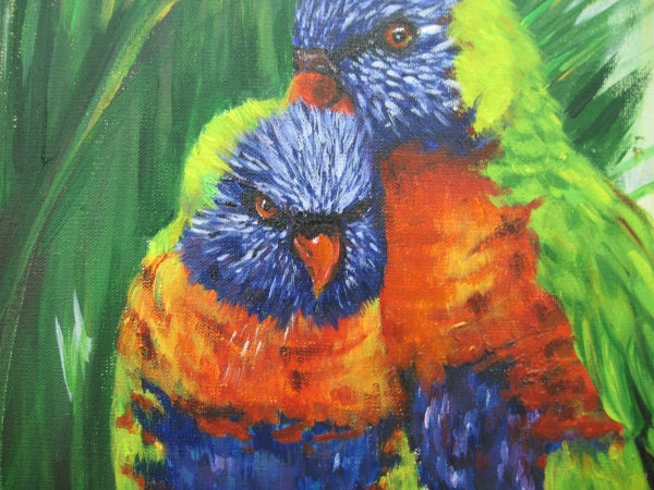 Acrylic painting of two parrots. 