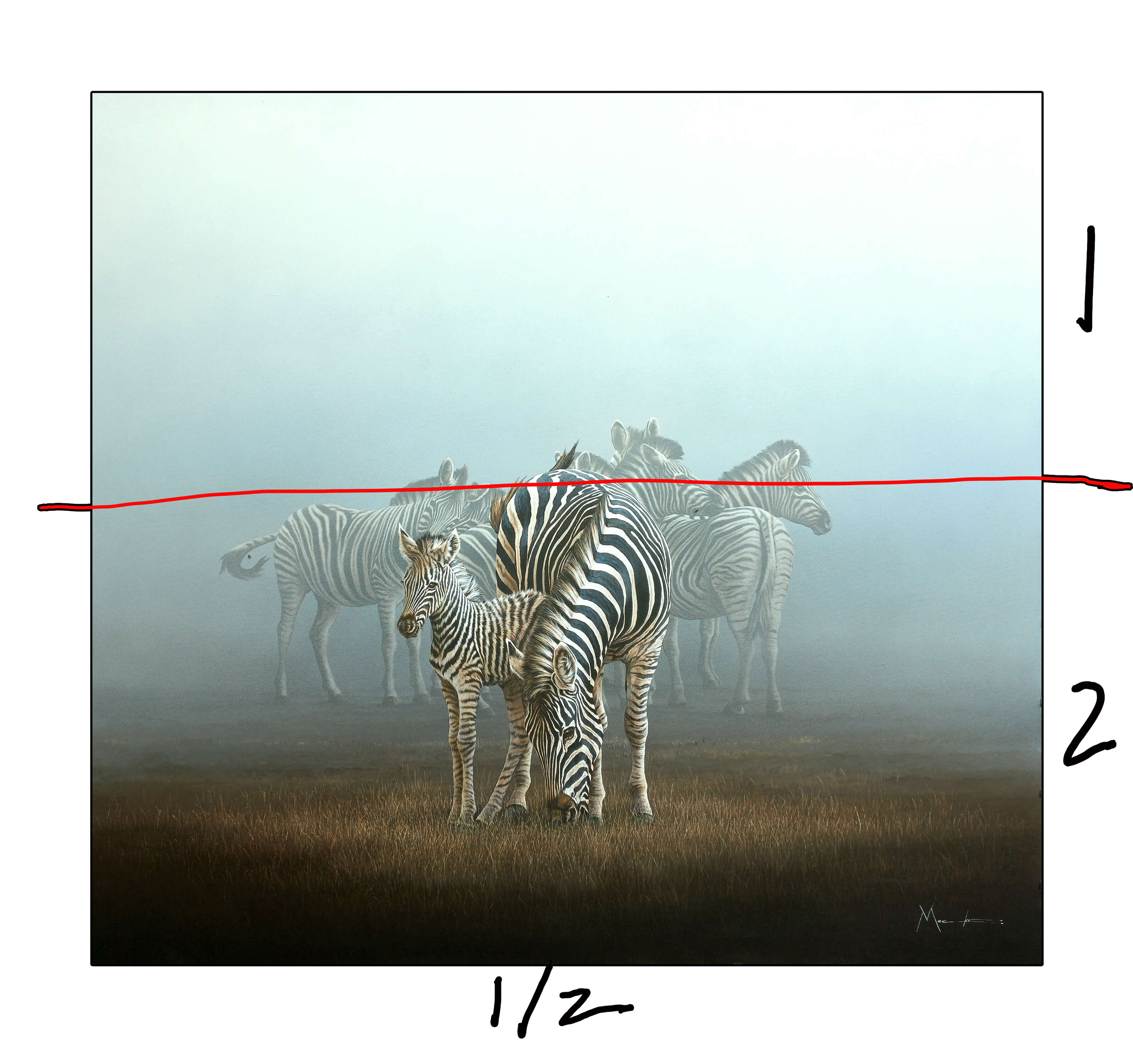 Dawie Mocke's artwork of zebras with the rule of halves drawn on top to demonstrate.